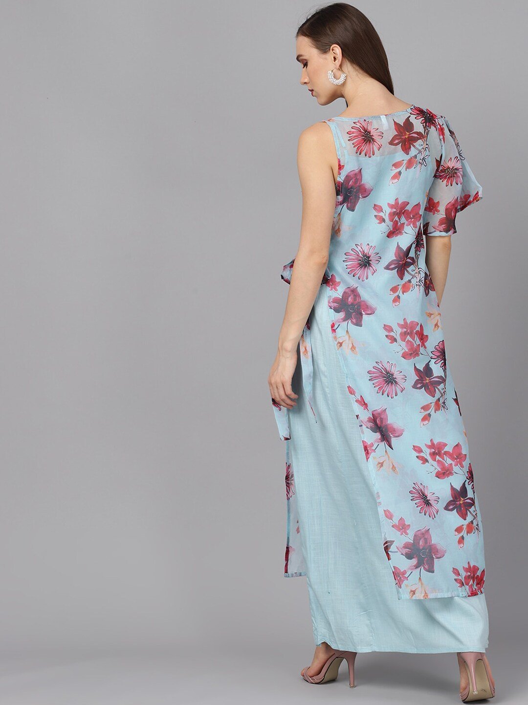 Women's  Blue & Pink Printed Layered Maxi Dress