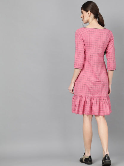Women's  Pink & Black Checked Drop-Waist Dress