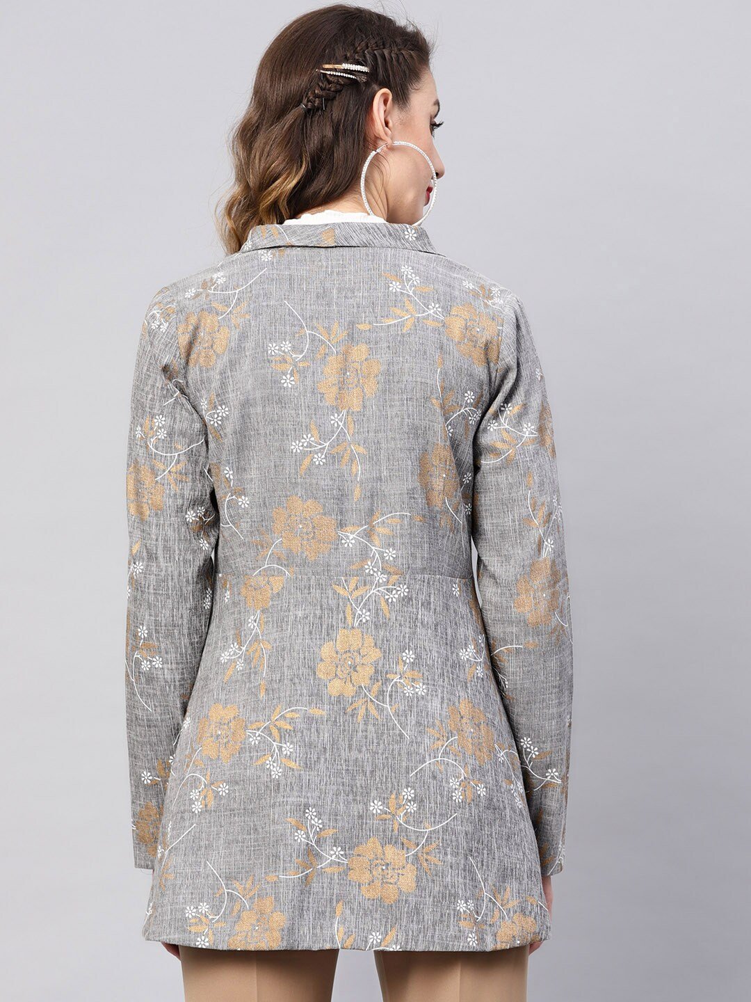 Women's  Grey & Golden Printed Front Open Blazer