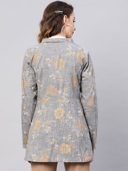 Women's  Grey & Golden Printed Front Open Blazer