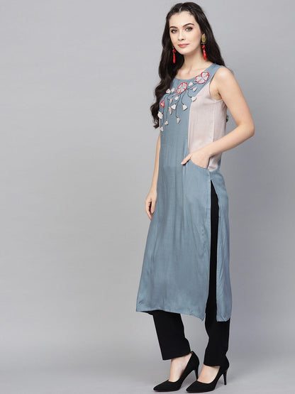 Women's  Blue & Grey Applique Detail Straight Kurta