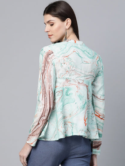 Women's  Sea Green & Orange Abstract Printed A-Line Tunic