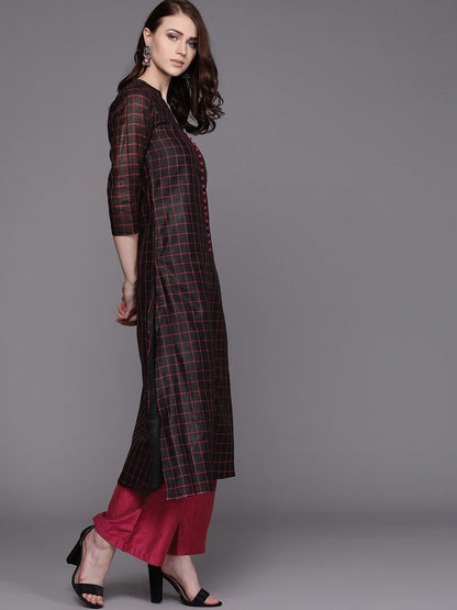 Women's  Black & Pink Checked Kurta with Palazzos