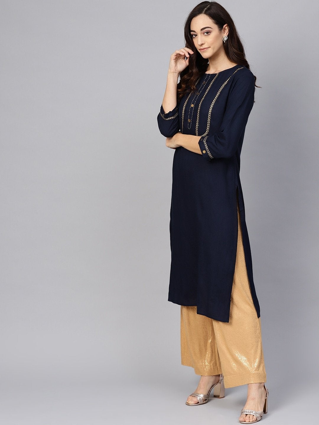 Women's Navy Blue & Golden Yoke Design Straight Kurta