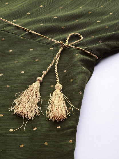 Women's  Olive Green & Golden Self Design Kurta with Palazzos With Belt