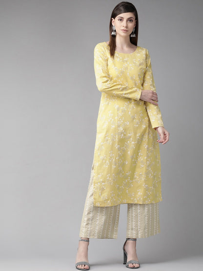 Women's  Yellow & White Floral Print Straight Kurta