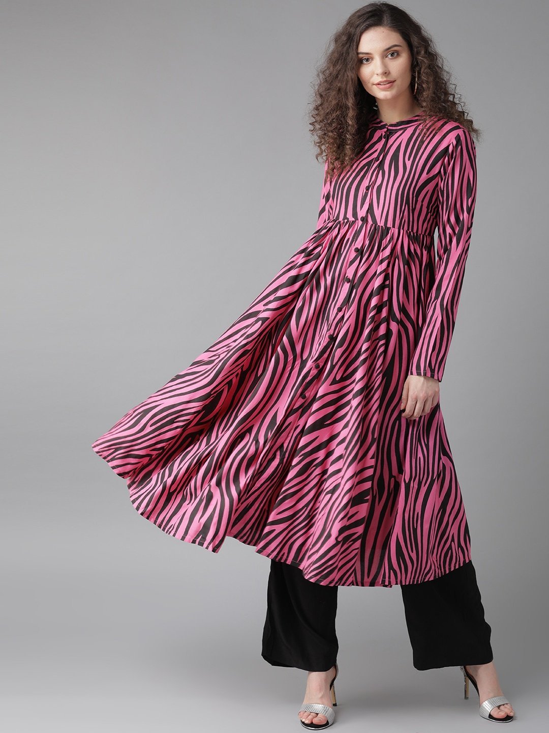 Women's  Pink & Black Printed Anarkali Kurta