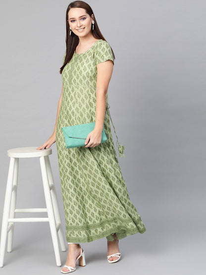 Women's  Green Printed Fit and Flare Dress