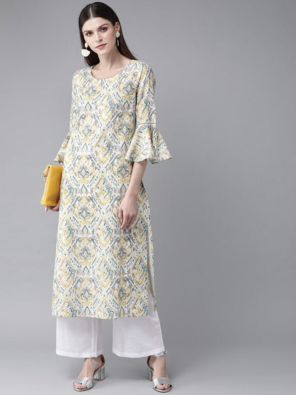 Women's  White & Grey Printed Straight Kurta