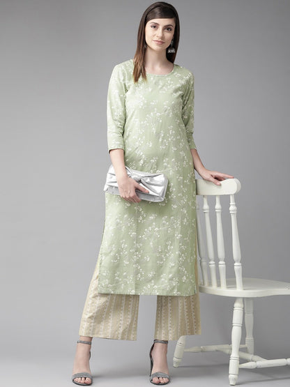 Women's  Green & White Floral Printed Straight Kurta