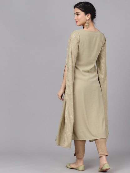 Women's  Taupe & Gold-Coloured Printed Straight Kurta