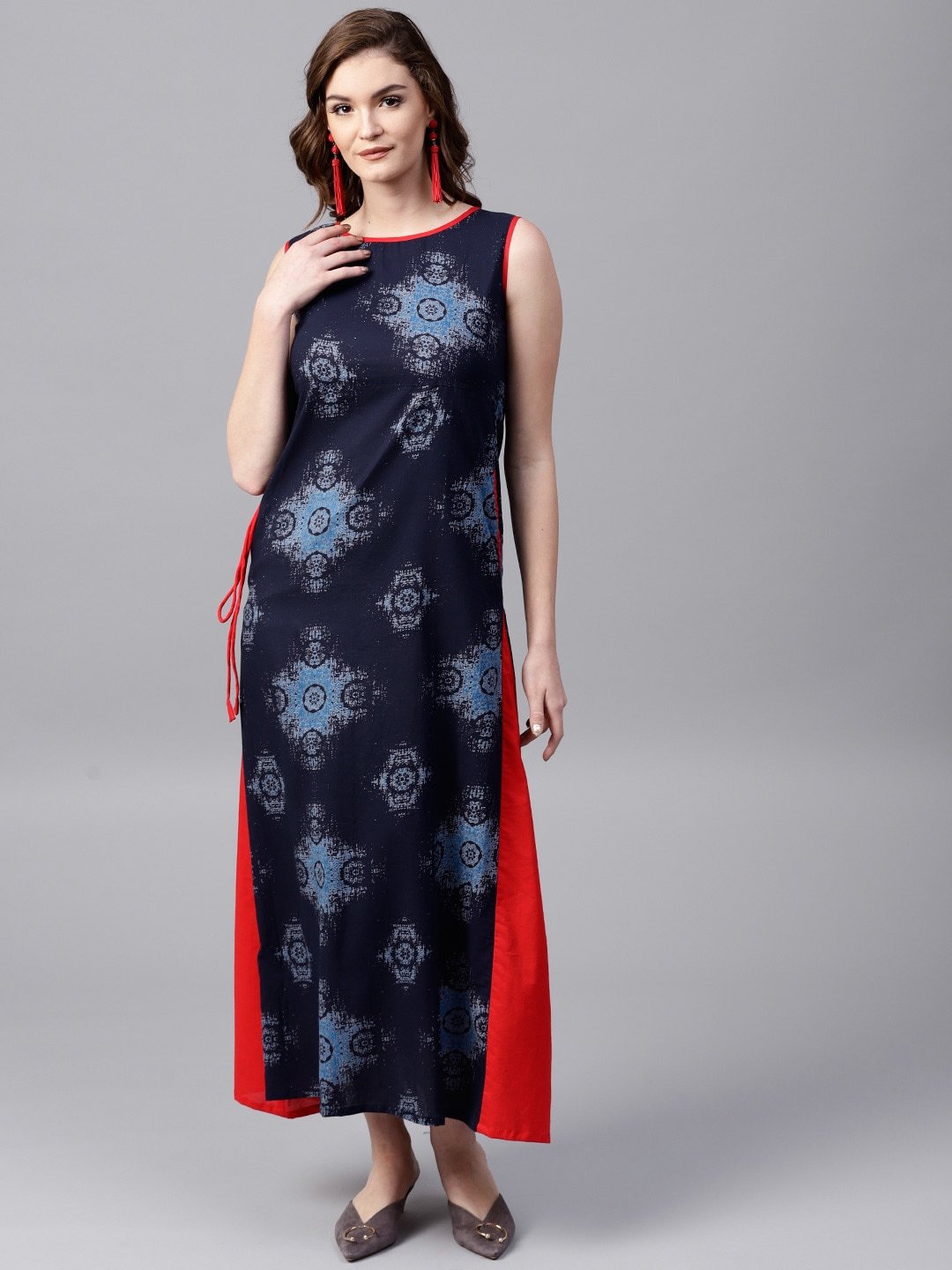 Women's  Navy Blue & Red Printed Maxi Dress