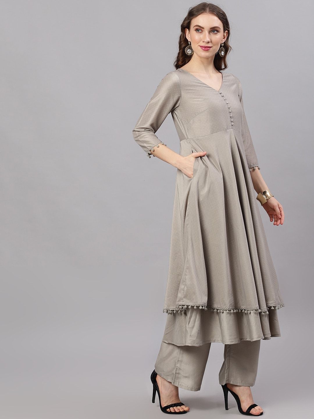 Women's  Grey Solid Kurta with Palazzos