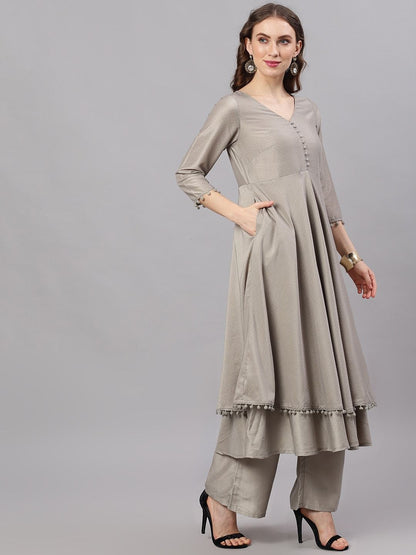 Women's  Grey Solid Kurta with Palazzos