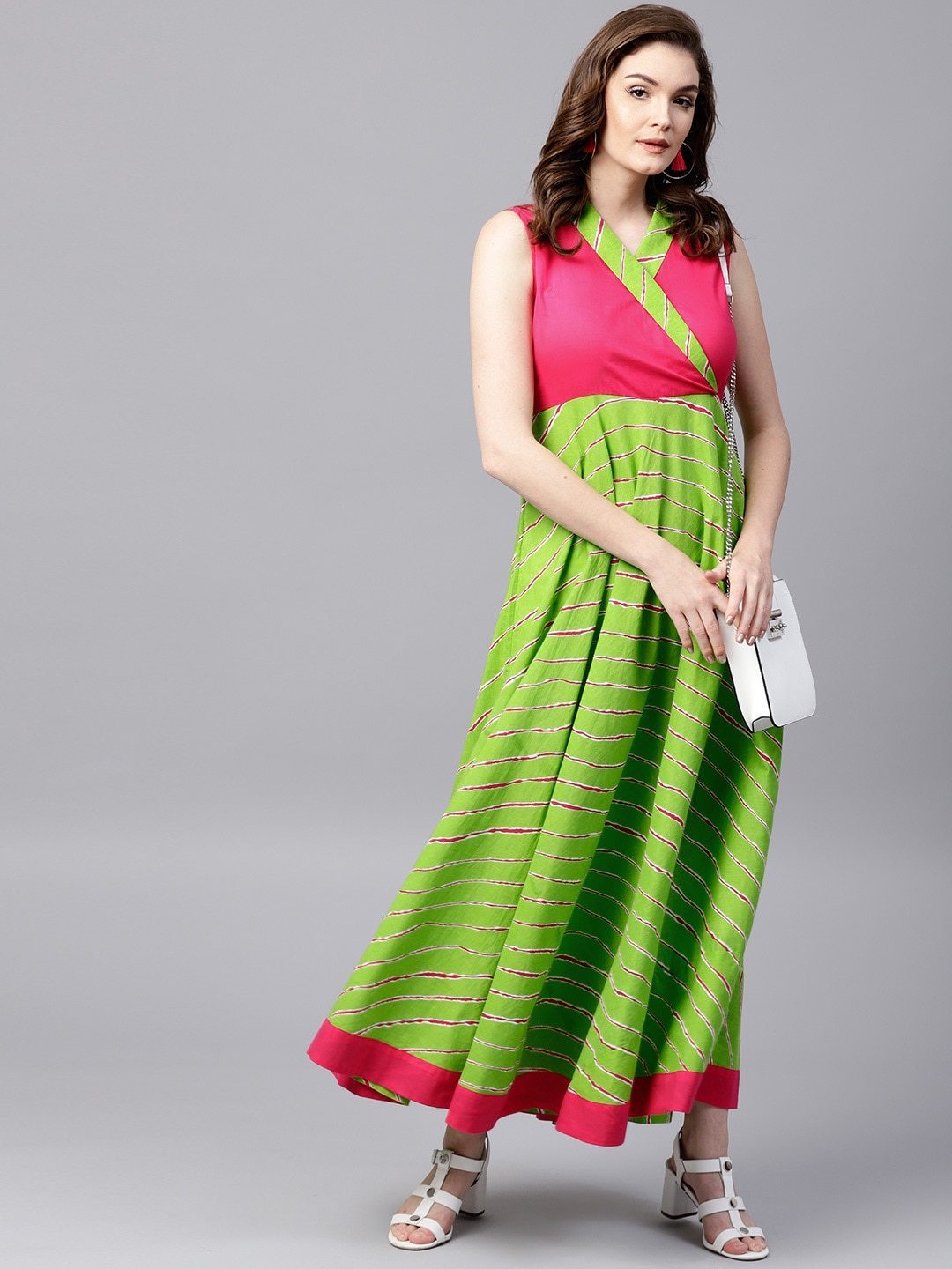 Women's  Green & Pink Striped Maxi Dress