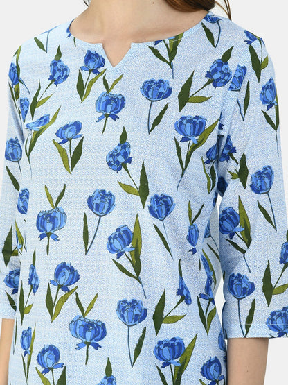 Women's BLue Cotton Printed Half Sleeve V Neck Casual Night Suit