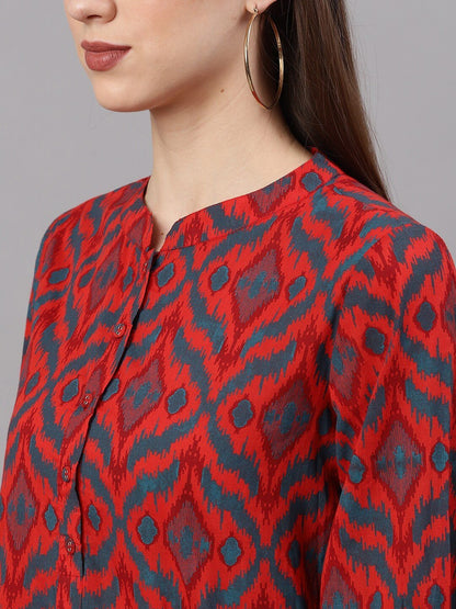Women's  Red Ikat Printed A-Line Dress