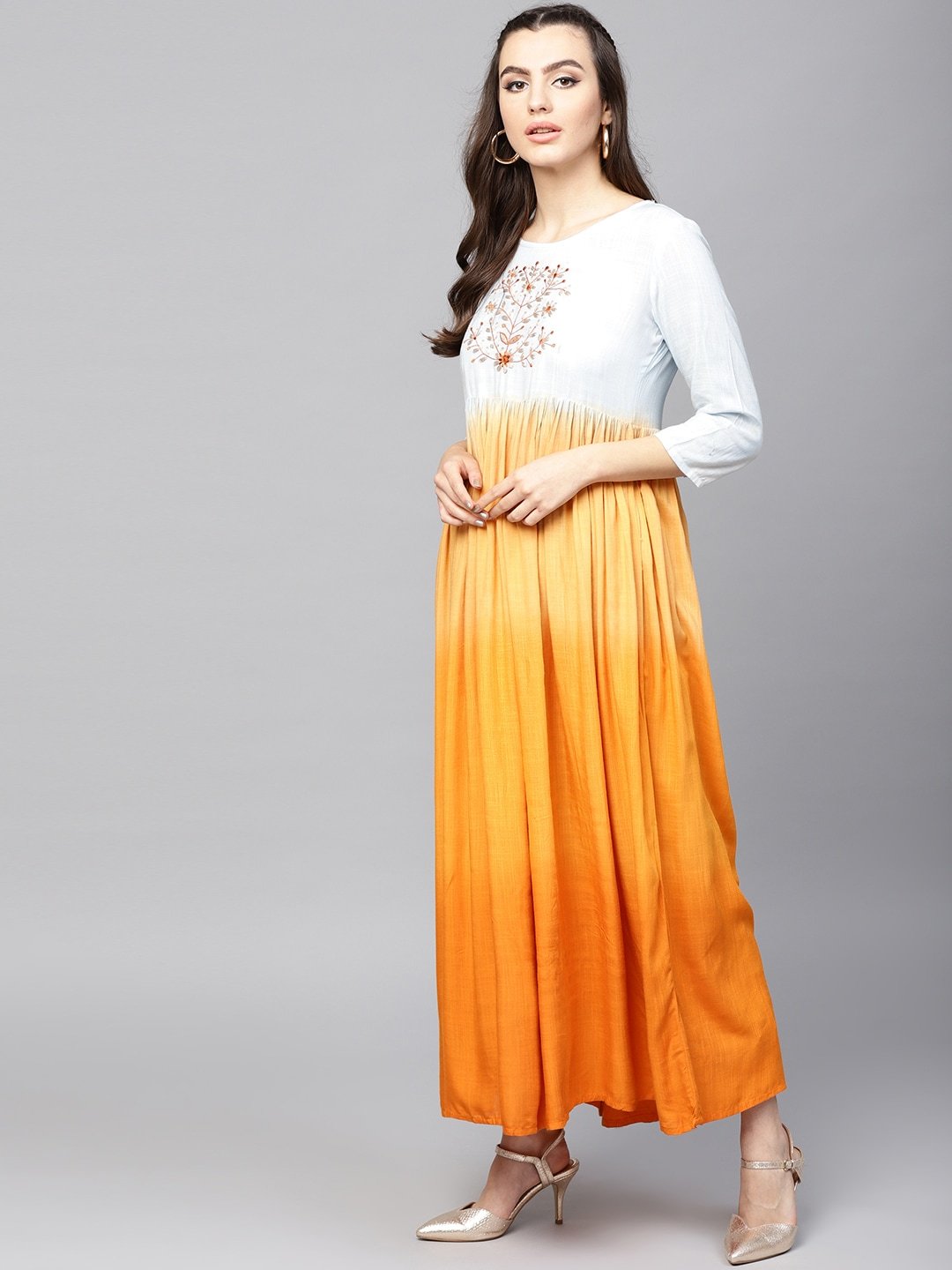 Women's  Orange & Blue Dyed A-Line Kurta