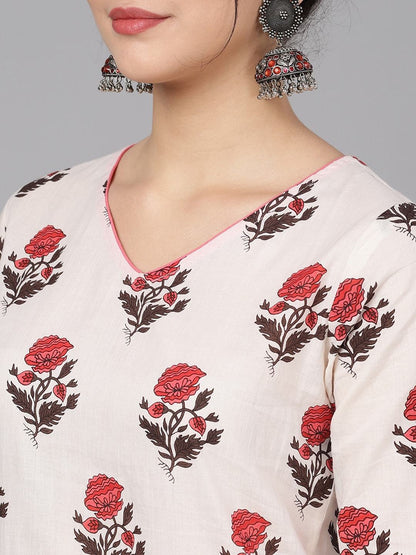 Women's  Off-White & Pink Printed Kurta with Skirt
