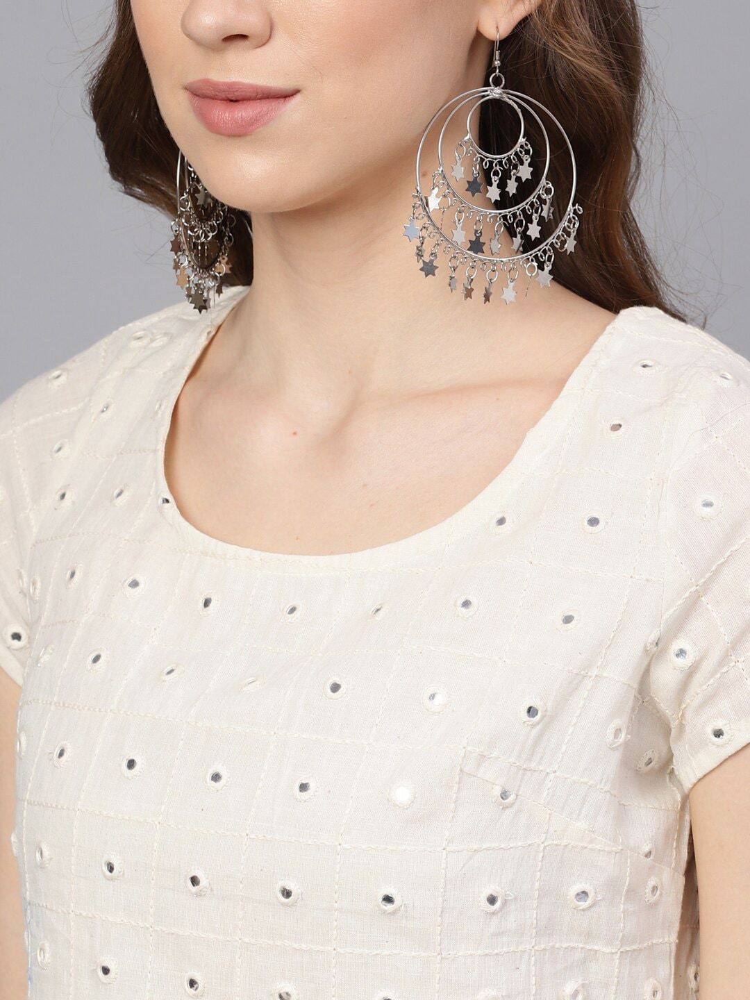 Women's White & Green Mirror Work Kurti With Sharara & Net Dupatta