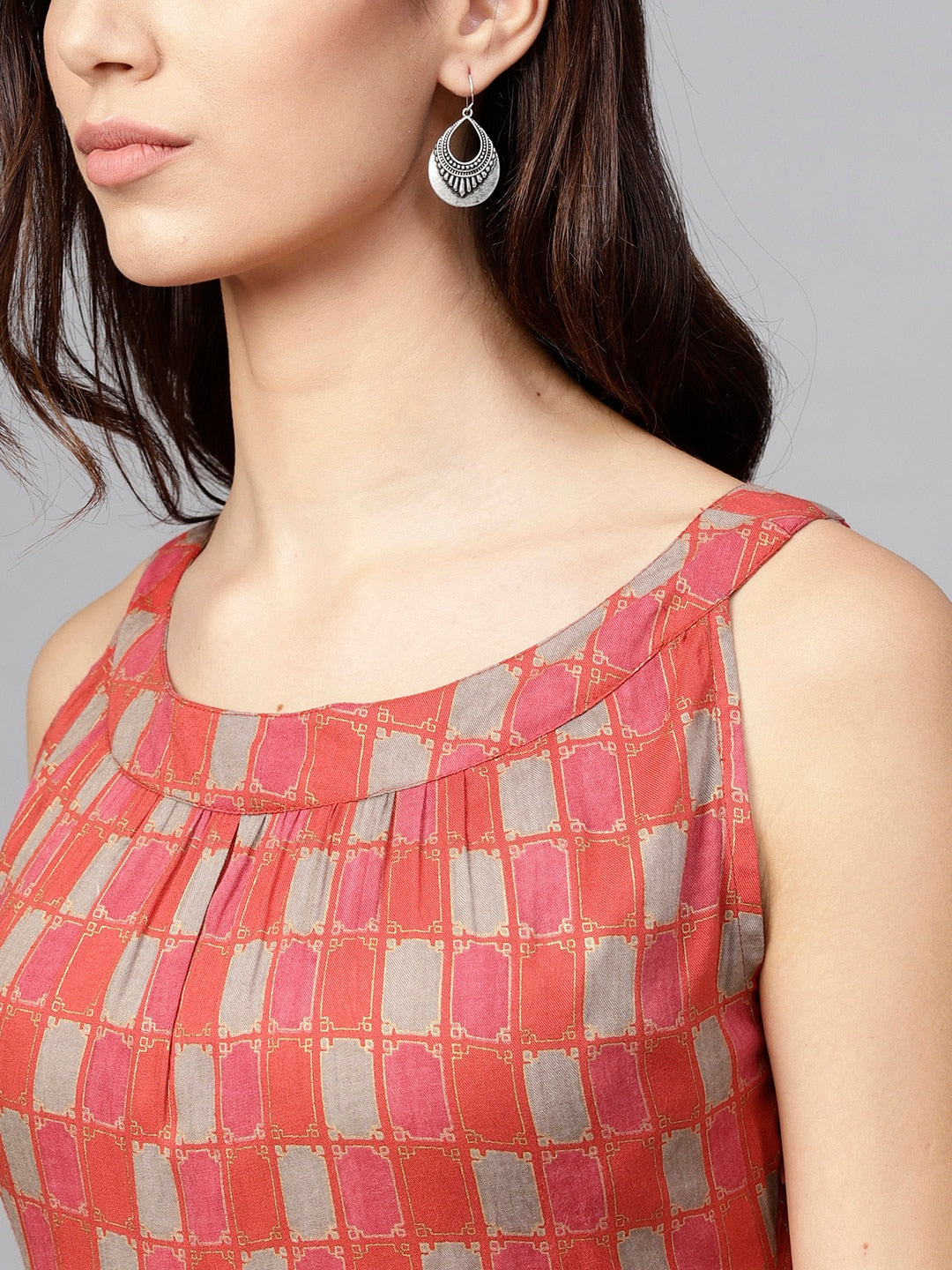 Women's Red Printed Sleeveless Flared Maxi Dress
