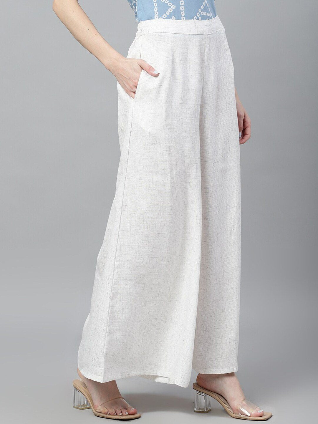 Women's  White Self Design Flared Palazzos