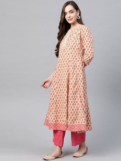Women's Beige & Peach Printed Kurta
