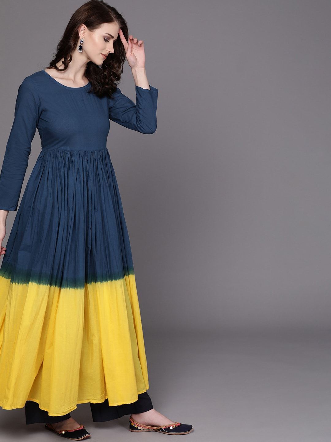 Women's  Navy Blue & Yellow Dyed Anarkali Kurta