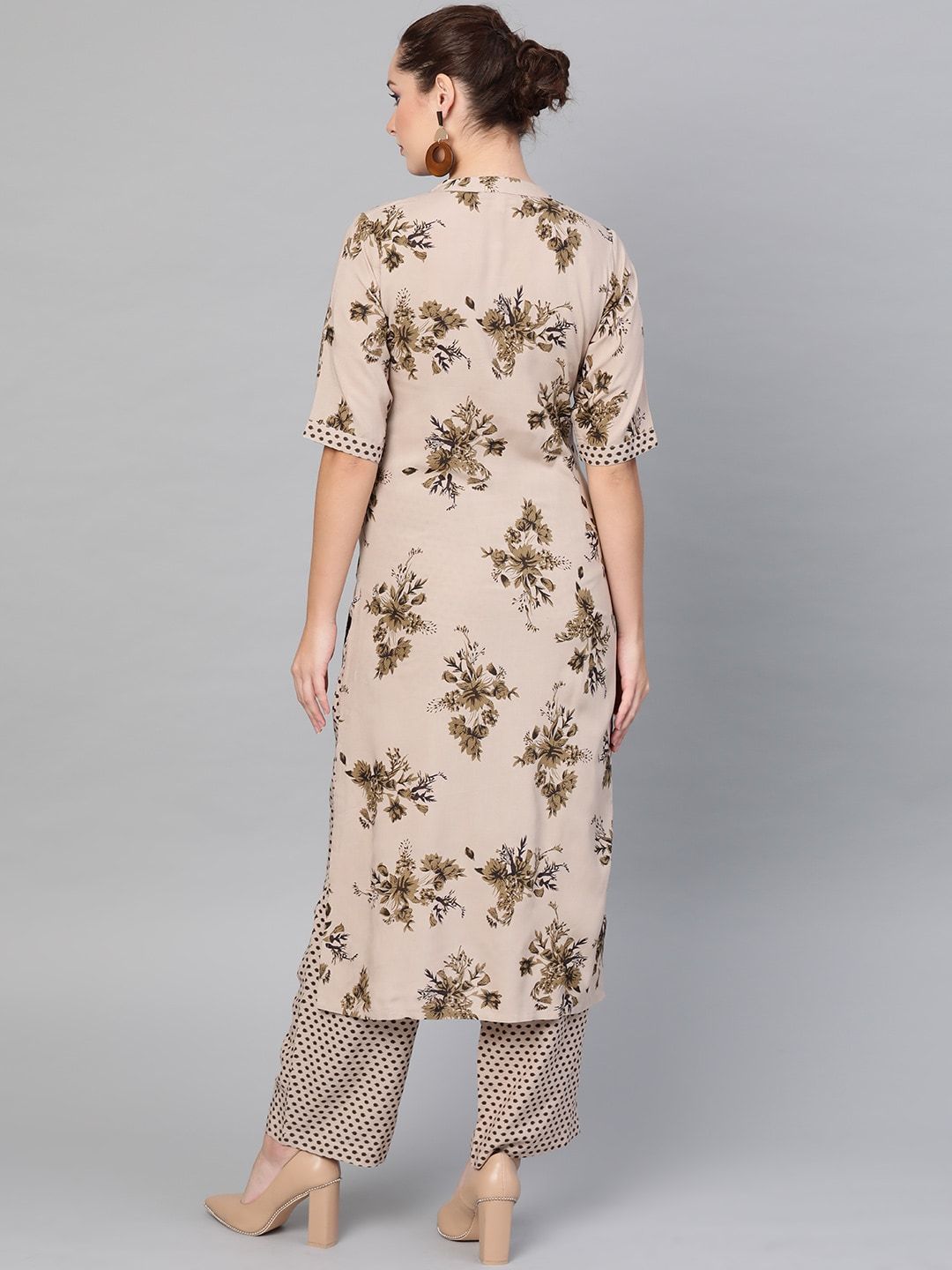 Women's  Beige & Brown Printed Straight Kurta with Palazzos