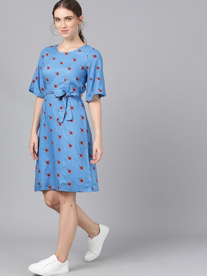 Women's  Blue & Maroon Printed Fit and Flare Dress