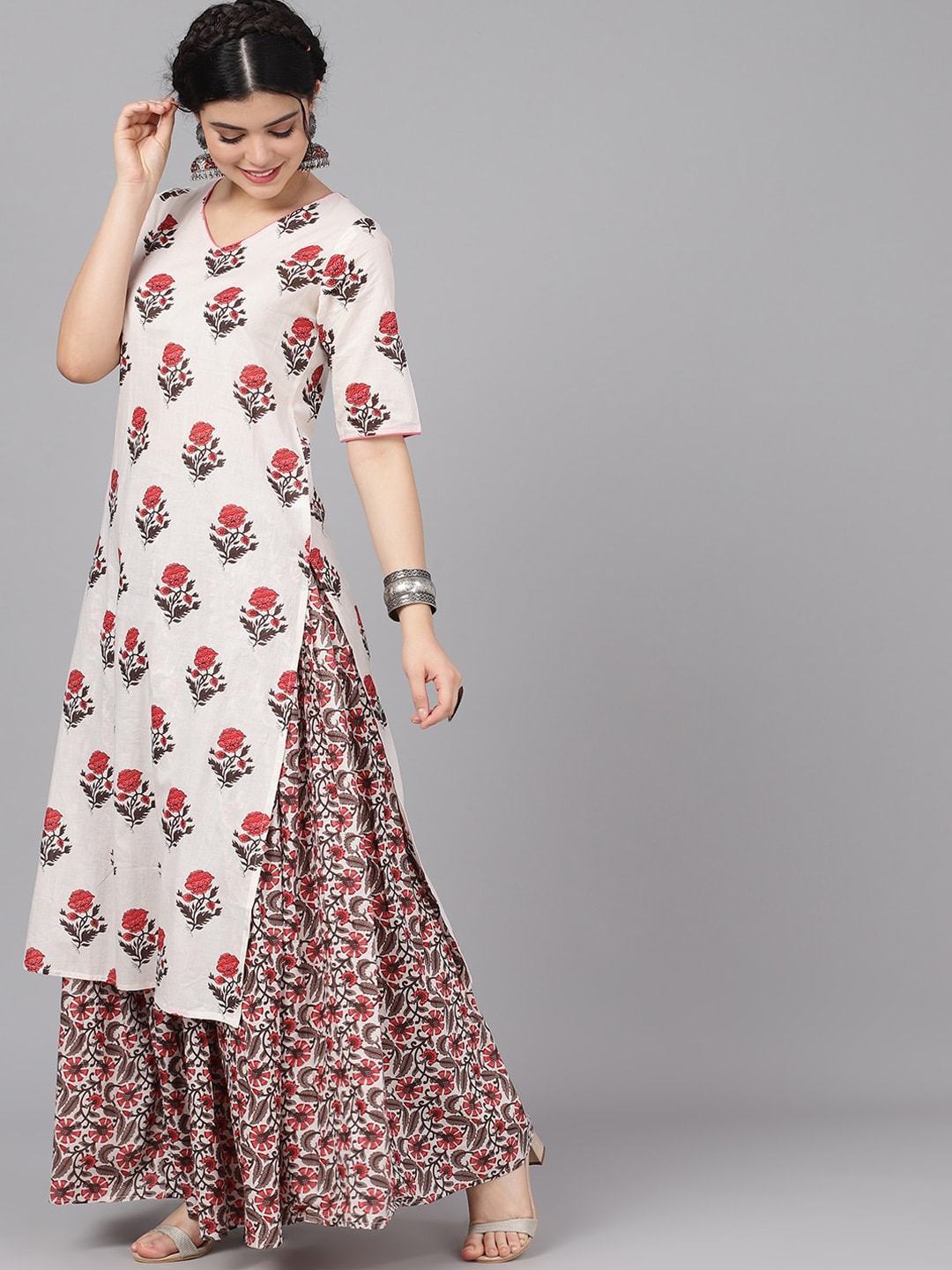Women's  Off-White & Pink Printed Kurta with Skirt