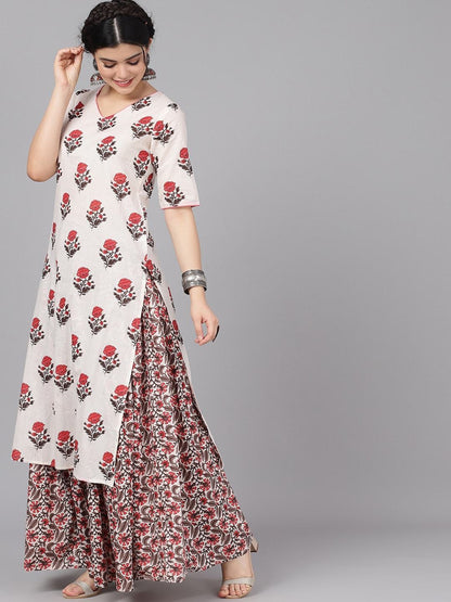 Women's  Off-White & Pink Printed Kurta with Skirt