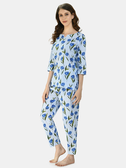 Women's BLue Cotton Printed Half Sleeve V Neck Casual Night Suit