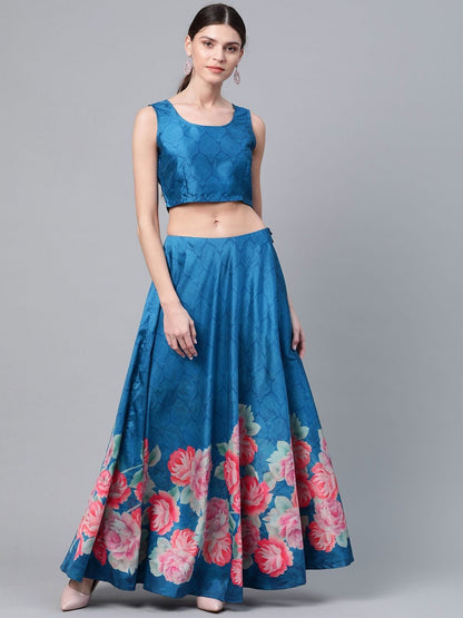 Women's Blue & Pink Floral Print Ready to Wear Lehenga Choli with Ethnic Laye