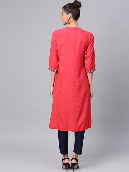 Women's  Coral Pink Solid Straight Kurta With Embroidered Detail