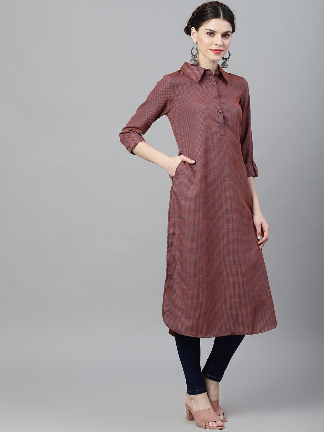 Women's  Blue & Orange Striped A-Line Kurta