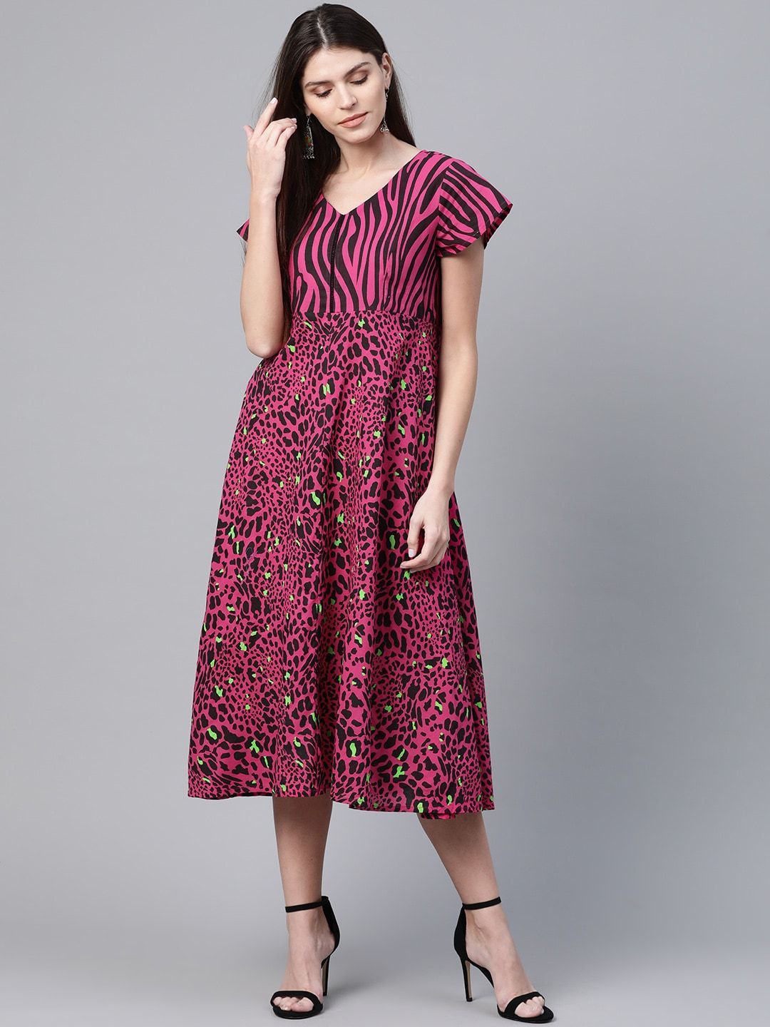 Women's  Pink & Black Animal Printed A-Line Dress