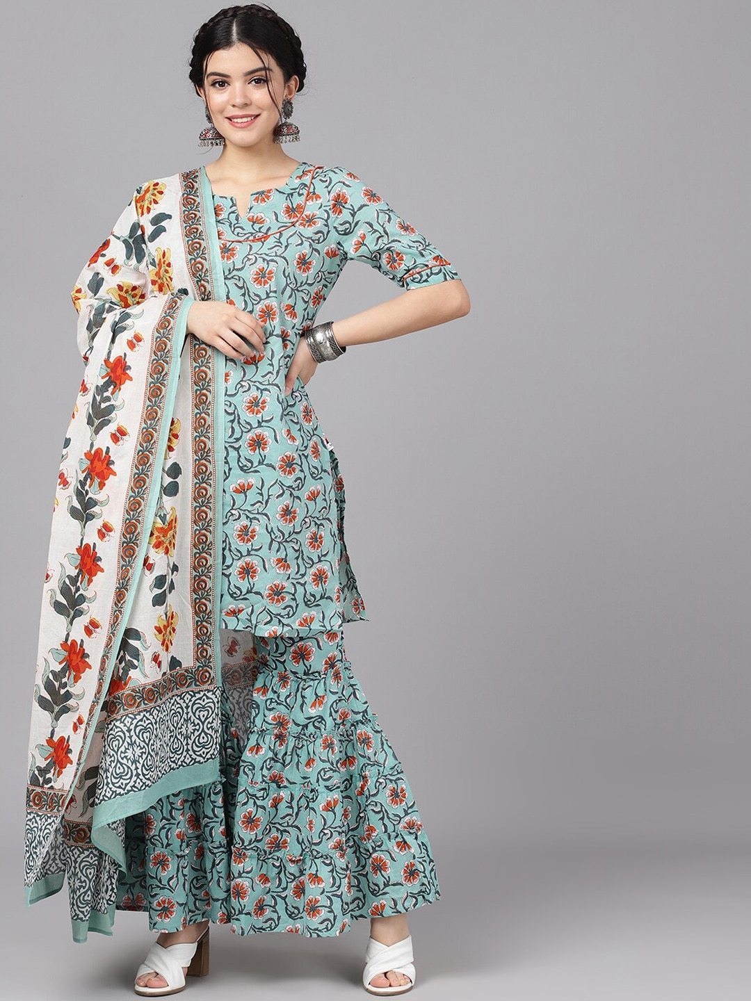 Women's  Teal Blue & Brown Printed Kurta with Sharara & Dupatta