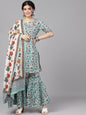 Women's  Teal Blue & Brown Printed Kurta with Sharara & Dupatta