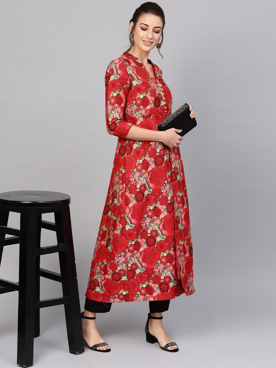 Women's  Red & Green Self Design Longline Ethnic Jacket