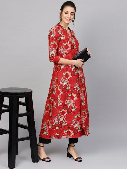 Women's  Red & Green Self Design Longline Ethnic Jacket