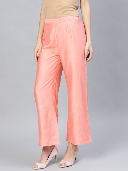 Women's  Peach-Coloured Solid Straight Palazzos