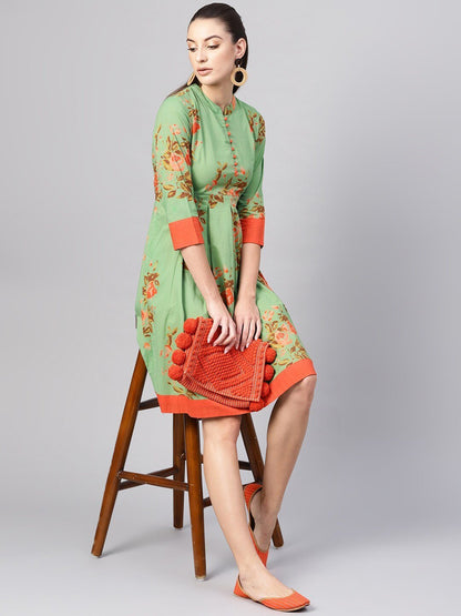 Women's  Green & Orange Floral Printed A-Line Dress