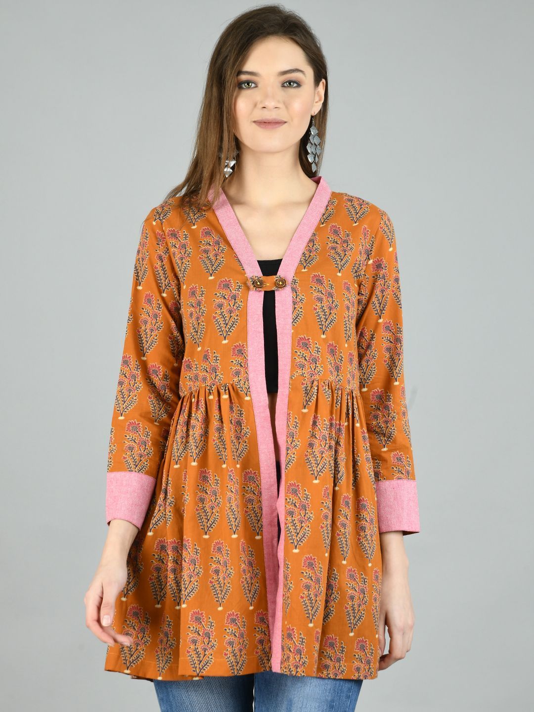Women's Brown Cotton Printed Full Sleeve V Neck Casual Shrug