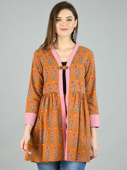 Women's Brown Cotton Printed Full Sleeve V Neck Casual Shrug