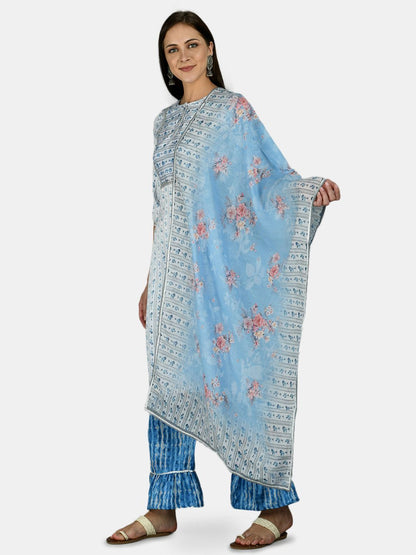 Women's Blue Silk Printed 3/4 Sleeve Round Neck Casual Kurta Palazzo Dupatta Set