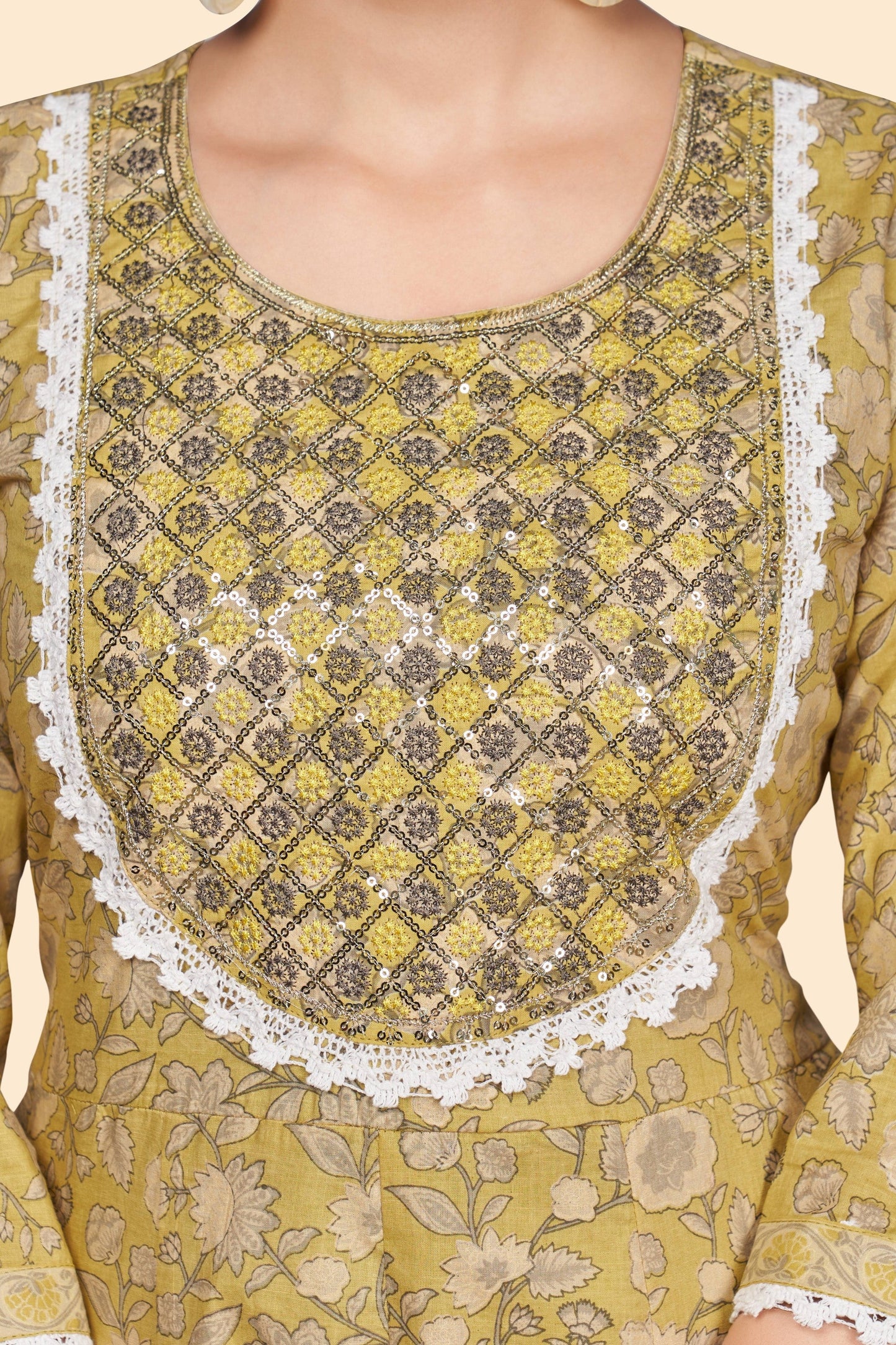 Women's Print & Embroidered A-Line Cotton Yellow Stitched Kurta