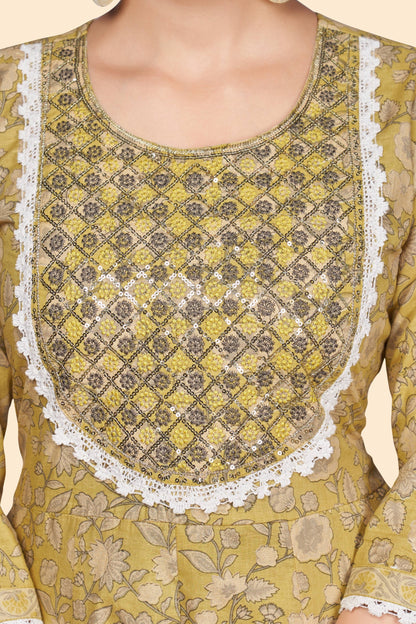 Women's Print & Embroidered A-Line Cotton Yellow Stitched Kurta