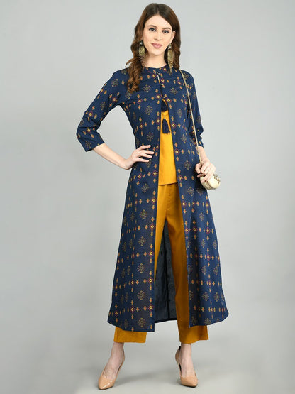 Women Navy Blue Cotton Printed Shrug, Top and Pant Set by Myshka (