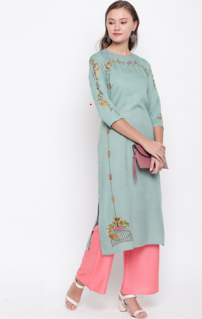 Women's Light Green Rayon Kurta By Vbu